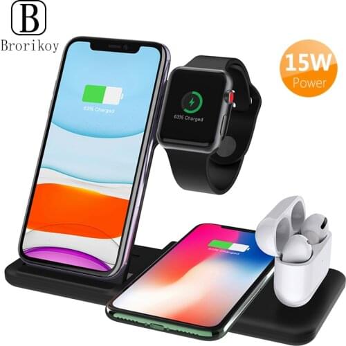 15W 4 in 1 Wireless Charger Stand for iPhone 11 Xs Max X 8 Apple Watch 5 4 3 2 Airpods Pro Wireless Fast Charging Foldable Base