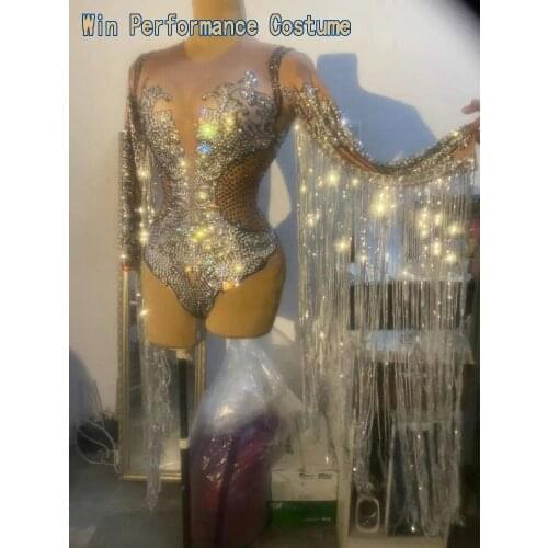 Sparkling Silver Rhinestone Sequin Tassel Party Bodysuit Women Bodycon Stage Fringes Jumpsuit Club Dancer Leotard DS Singer Wear