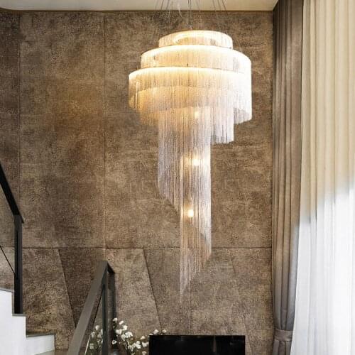NORMICHY Post-modern Duplex Building Large Chandelier Empty Living Room Villa Golden Tassel Spiral Staircase Light