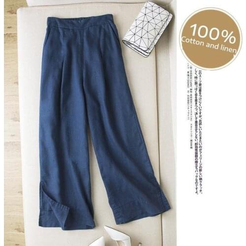 Cotton Linen Pants Loose Pantalon 2021 Summer New Ankle-Length Elastic Waist Solid Pants Women Plus Size Casual Wide Leg Slit