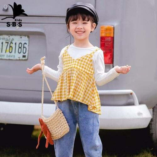 2020 Children Spring Clothing Girls Cute Plaid Fake Two Piece Bottoming Long Sleeved Sweet Princess T-shirt
