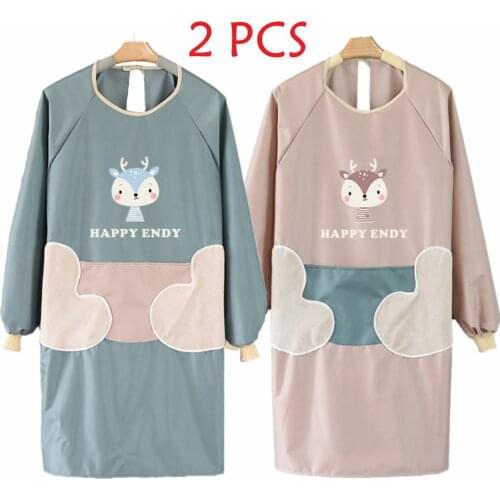 Apron Gown Long-Sleeved Household Kitchen Waterproof Oil-Proof Japanese Cartoon Korean Adult Men and Women Overalls Custom 2Pcs