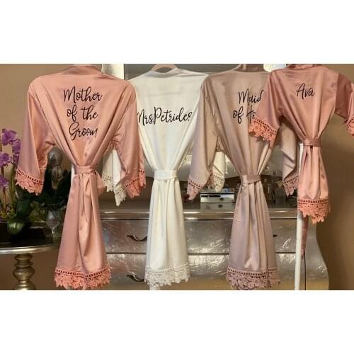 Customized Bride Bridesmaid Lace Robes Personalized Monogrammed Getty Ready Satin Kimono Lace Robe for Wedding Bridesmaid Gifts