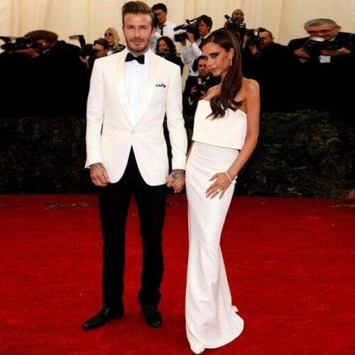 New Design Fashion Handsome Male mens Suits Shawl Lapel One Button ivory Groomsman Tuxedos men suit set 2019 ( jacket+Pant+tie)