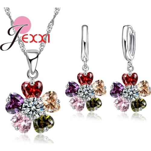 Romantic Heart Cubic Zircon Crystal Wedding Jewelry Sets For Bride Fashion Pendant Necklace Hoop Earring Sets For Woman