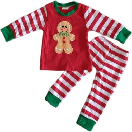 Christmas Red Gingerbread Man Print Stripe Polka-Dot Long Sleeve Set for Boys and Girls
