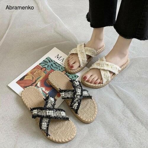 Sandals Denim Flip Flops Women Pearly Platform Sandal Cross Strap Tassel Open Peep Toe Sandals Women Slippers Slides Size 35-40