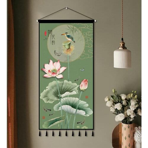 Chinese style lotus cloth background cloth Chinese wind wall living room porch decoration hanging picture tapestry wall art