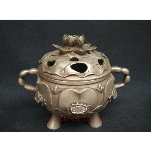 YIZHU CULTUER ART Collected China Old Copper Silver Carving Lotus Incense Burner Family Decoration
