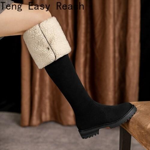 2021 New Black Med Heels Knee High Boots Women Zip Thick Sole Comfort Loose Chelsea Boots Woman Autumn Platform Botas