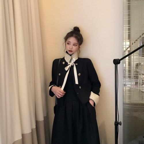 2PC Women Autumn Fashion Outfits Dress Sets Two Piece Lace Stitching Wollen Jacket&High Waist Black Skirt Sets Retro Dress Suits