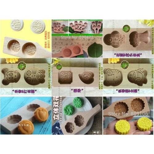 2 holes Wood traditional handmade moon cake mould plate cakeClassic Wedding blessing Figure mold kitchen tools