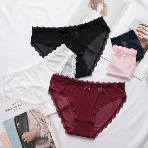 3Pcs Women Panties Sexy Lace Thongs Ultra-thin mesh Transparent lingerie Womens Soft Briefs Bow Panty Underwear