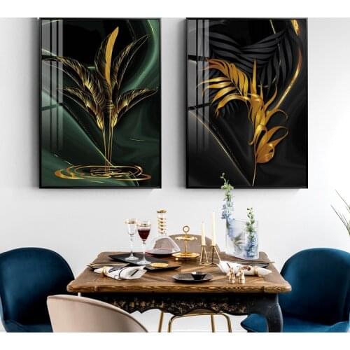 Black Golden Leaves Plant Feather Abstract Poster Nordic Art Plant Canvas Painting Modern Wall Picture for Living Room Decor