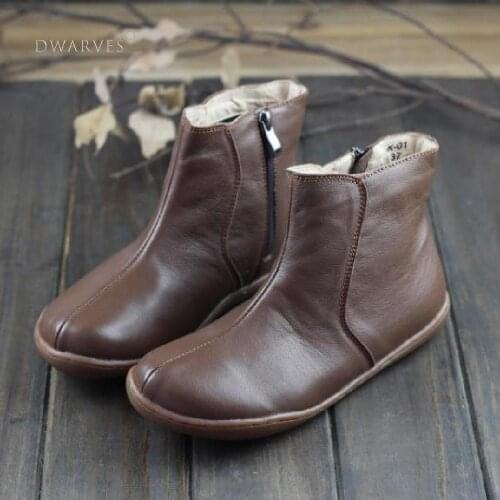 Calf Leather Boots Women Handmade Flat Walking Shoes Ankle Booties Dark-Brown