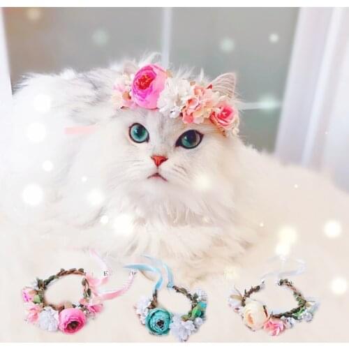 Floral Straw Rattan Kitten Necklace Pet Dog Scarf Blue Flower Pretty Kitten Neck Decor Pet Bows Yorkie Ragdoll Cat Products Gift