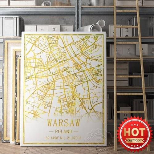Warsaw Poland Gold Foil Line Map Poster, Originality Gift Living Room Study Home Decor Mural, World Tavel Art Map Wall Picture