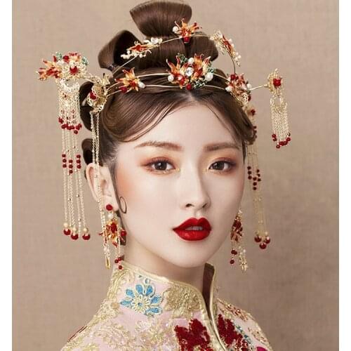 Chinese brides red long tassle headwear fringed hairpin earrings wedding hair accessories