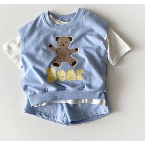 Korean Baby Kids Cute Bear Clothing Sets Summer Girls Boys Fashion Vest Tshirt Short Set 3pcs Sets Baby Girls Clothes