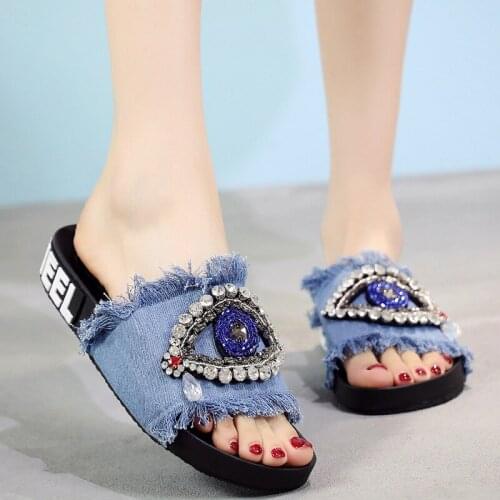 Summer Fashion Casual Rhinestone Handmade Denim Slippers Female Thick Bottom Tassel Small Fresh All-Match Flat Outdoor Sandals