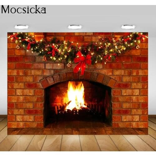 Mocsicka Christmas Fireplace Photography Backdrop Brick Wall Fire Family Portrait Photo Background Photo Studio Photocall Props