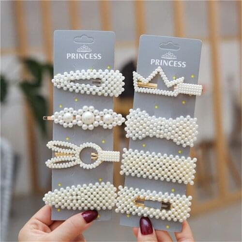 8Pcs/Set Fashion Pearl Hair Clip Snap Button Hair Pins for Women Sweet Pearl Hairpin Hair Clips Jewelry Lady Barrette Stick
