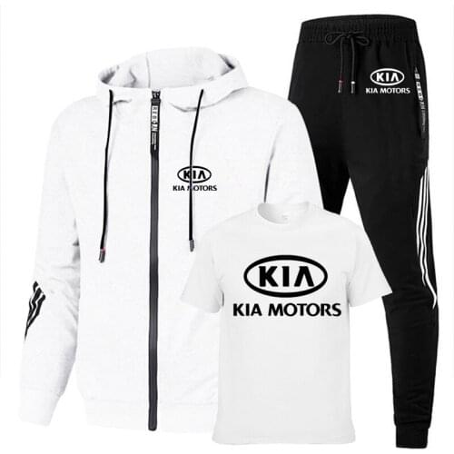 Spring Autumn Mens suits KIA Motors Car Logo Print Cotton Casual stripe harajuku Mens sweatshirt+t-shirt+sports pants 3-piece