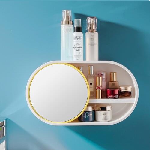 Wall-mounted Cosmetic Storage Box Toilet Bathroom Hole-free Wall-mounted Shelf Vanity Mirror Large Capacity Storage Rack