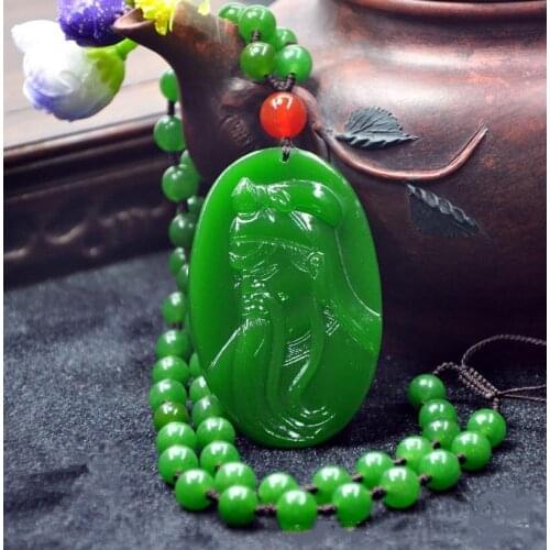 Natural Green Hand Carved Guan Gong Jade Pendant Fashion Jewelry Mens and Womens Wu Cai Shen Guan Gong Necklace