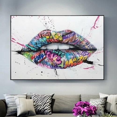 Show Teeth Lips Canvas Painting on The Wall Street Graffiti Art Posters and Prints Wall Art Picture for Living Room Home Decor