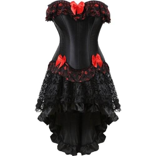 Sapubonva Corset Dress Ladies Gothic Victorian Lolita Costume Vintage Lingerie Lace Bustier Overbust Skirts Top Set Sexy Black