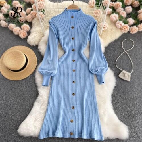 SINGREINY Women Korean Knitted Dress Stand Collar Puff Sleeve Elastic A-line Dress 2021 Autumn Fashion Streetwear Sweater Dress