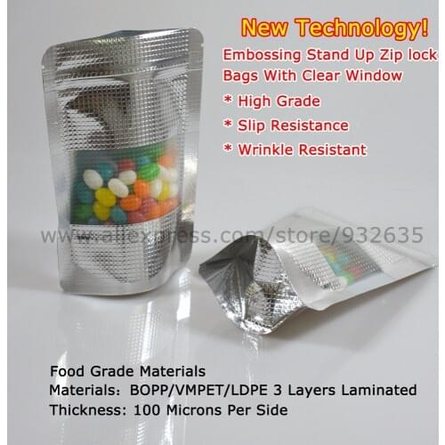 50 PCS New Embossing Aluminum Foil Clear Stand Up Zip Lock Bag For Food storage Shiny Sliver Metal Styles Bag