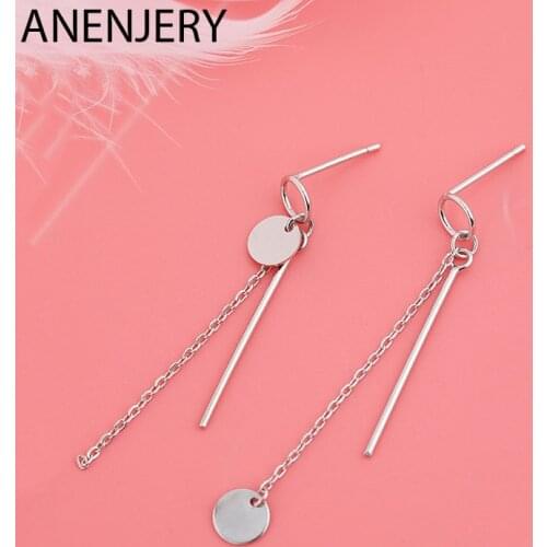 ANENJERY 925 Sterling Silver Simple Round Disc Strip Tassel Asymmetric Earrings For Women Party Geometric Drop Earring S-E1184