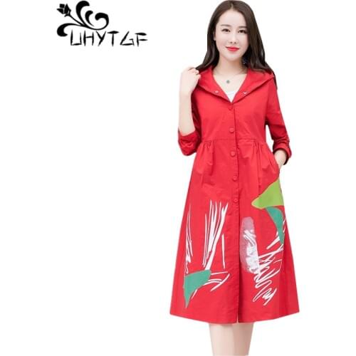 UHYTGF New spring autumn trench coat Women Black red loose plus size outerwear Korean fashion hooded casual windbreaker coat1361