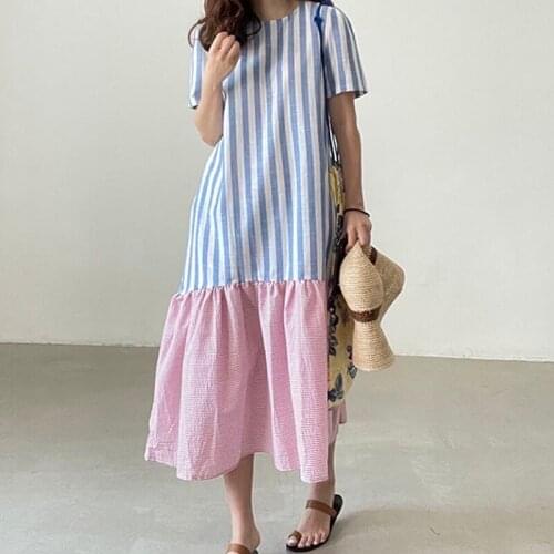 Korean Chic Niche Wild Round Neck Stripe Contrast Stitching Loose Over The Knee Mid-Length Ruffle Dress Female