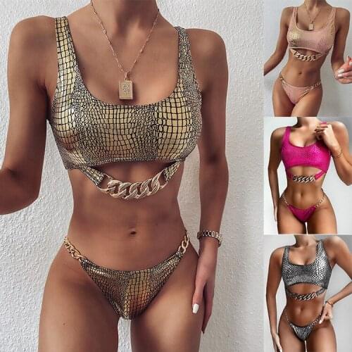2021 New Golden Bikini Sexy Silver Bikini Hot Stamping Fabric Pink Swimsuit Ladies Split Swimwear SW611