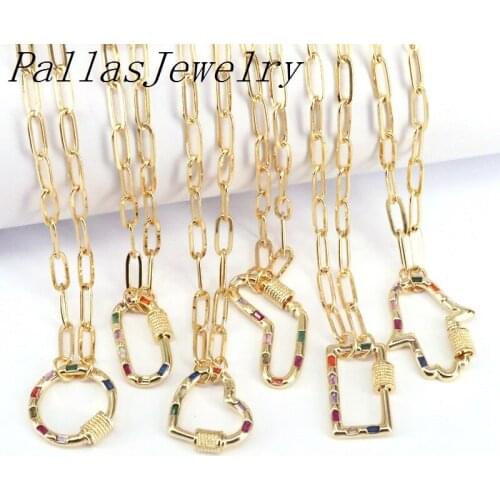 5Pcs Gold Color Carabiner Cubic Zirconia Heart Round Square Necklaces metal CHAIN Spiral Clasps Carabiner Chokers