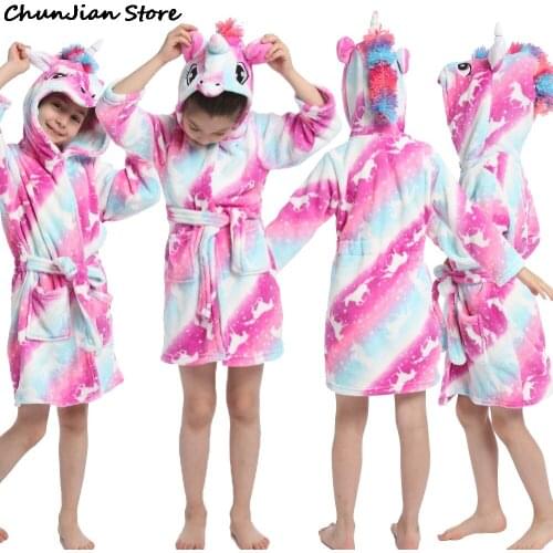 Baby Girls Unicorn Kigurumi Bathrobe Children Kigurumi Pajamas Kids Pyjamas for 4-12Years Baby Beach Towel Bath Robes for Kids