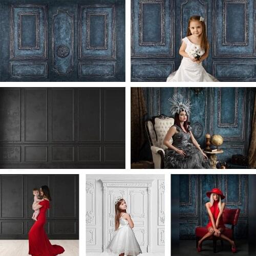 Dark Blue Retro Door Room Backdrop Portrait Photozone Photography Background Wedding Birthday Photo Studio Wallpaper Decor Props