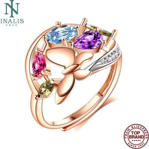 INALIS Butterfly Shape Ring For Women Colorful Zirconia Rose Gold Rings Fashion Jewelry Romantic Anniversary Gift To Girlfriend