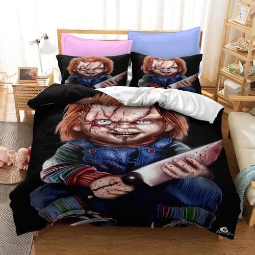 Horror Movie Childs Play Puppet Doll Chucky Bedding Set 3D Cartoon Print Duvet Cover Set Home Textile for Kids Boys Adults Gift