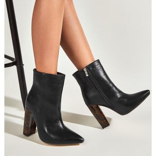 Nice Winter High Heels Thick Heels Ankle Boot Pointed Toe Shoes Female Zip Shoes Ladies Chelsea Boots Women Black Party Shoes