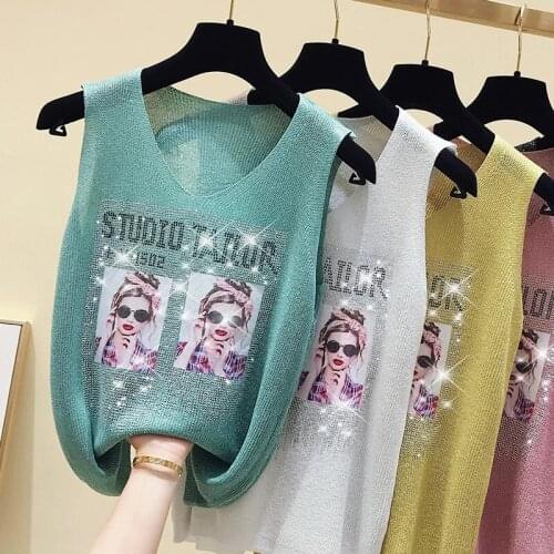 Diamond Tank Vests Women Top V-Neck Solid Fashion Female Sleeveless Casual Thin Tops Pink Green Summer Knit Tee Shirt Femme 2021