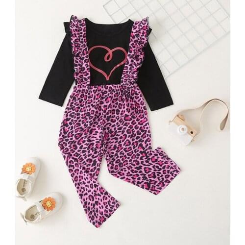 Lovely Kids Baby Girls 2pcs Suit Leopard Print Suspender Pant + Long Sleeve Tops for Spring and Autumn Outfits 2-6Y Casual Chil