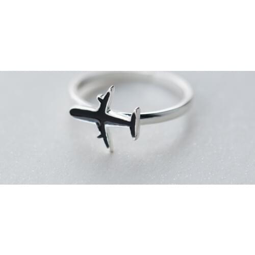 MloveAcc Cute Black Plane Shaped Charm Rings for Women S925 Sterling Silver Resizable Wedding Engagement Rings Airplane