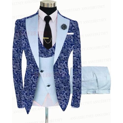 2021 Fashion Blue Floral Printed Men Suit 3 Piece Best Man Groom Wedding Tuxedo Slim Fit Shiny Blazer Suit Jacket Vest Pants Set