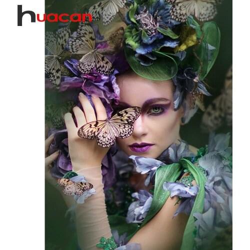 Huacan Diamond Mosaic Set For Embroidery Cross Butterfly Woman 5D Diamond Painting Full Drill Portrait Needlework Home Decor