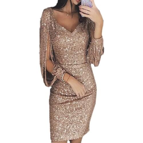 New womens clothing sexy dresses V-neck sparkling tassel long-sleeved slim bag hip female elegant office mini pencil dress 3xl