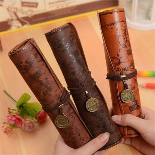 Creative Retro Treasure Map Pencil Cases Luxury Roll Leather Pen Bag For Student Stationery School Supplies Pencil pouch